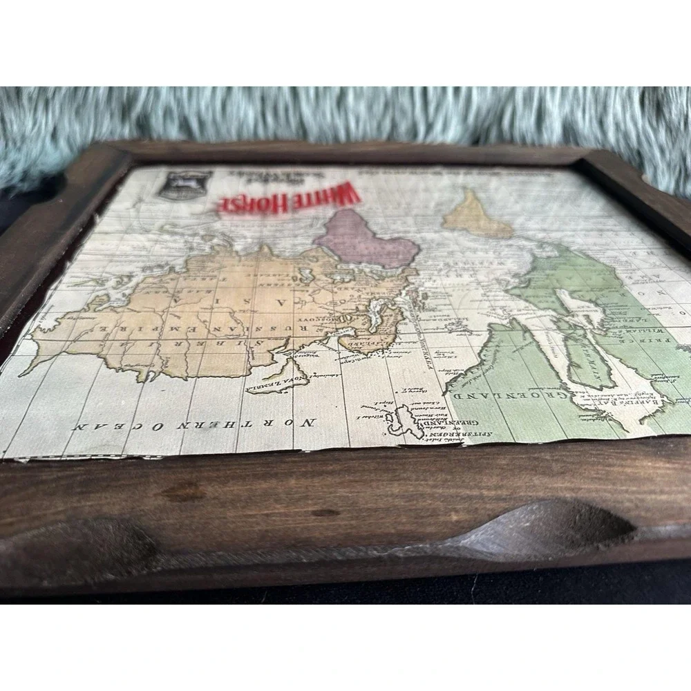 VTG White Horse Whiskey 1742 World Map Bar Wall Hanging Distillery Wood Frame‎